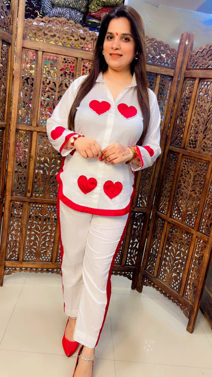 White Cotton Trendy Co-Ord Set With Red Hearts Pattern For Casual Wear (CS001)