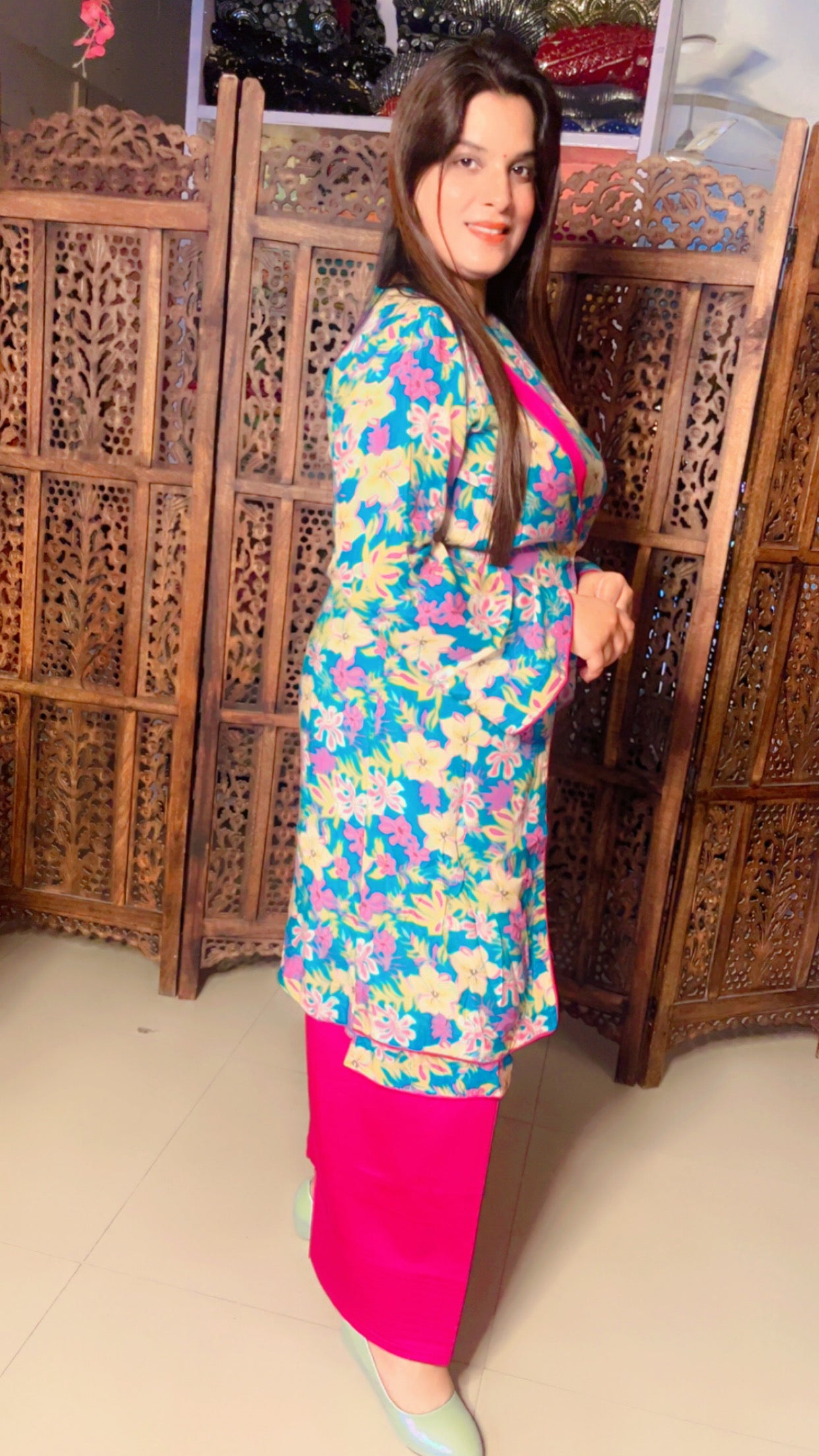 Sky Blue Hot Pink Muslin Floral Designer Kurti And Farshi Salwar For Casual Wear (FS)