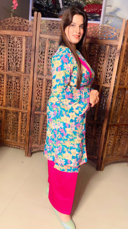 Sky Blue Hot Pink Muslin Floral Designer Kurti And Farshi Salwar For Casual Wear (FS)