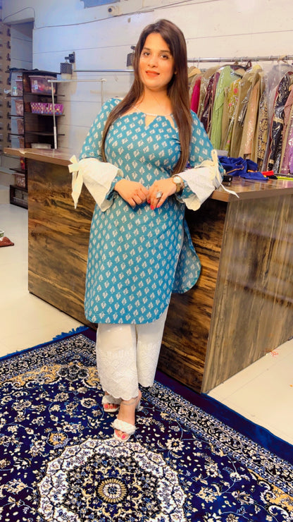 Blue And Off-White Cotton Printed Designer Kurti And Pant Set (KS003)