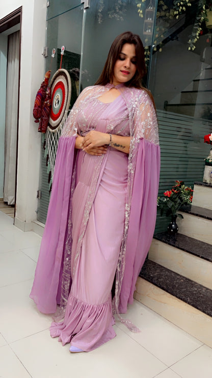 Lavender Saree With Cape For Weddings (SR021)