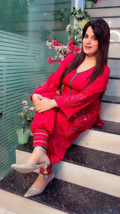 Pink Cotton Thread Embroidered Co-Ord Set For Women (CS)