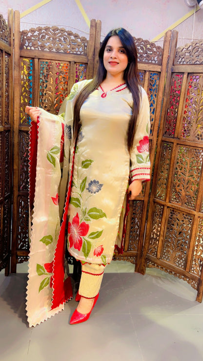 Hand Painted Tissue Silk Pakistani Suit Set In Ivory