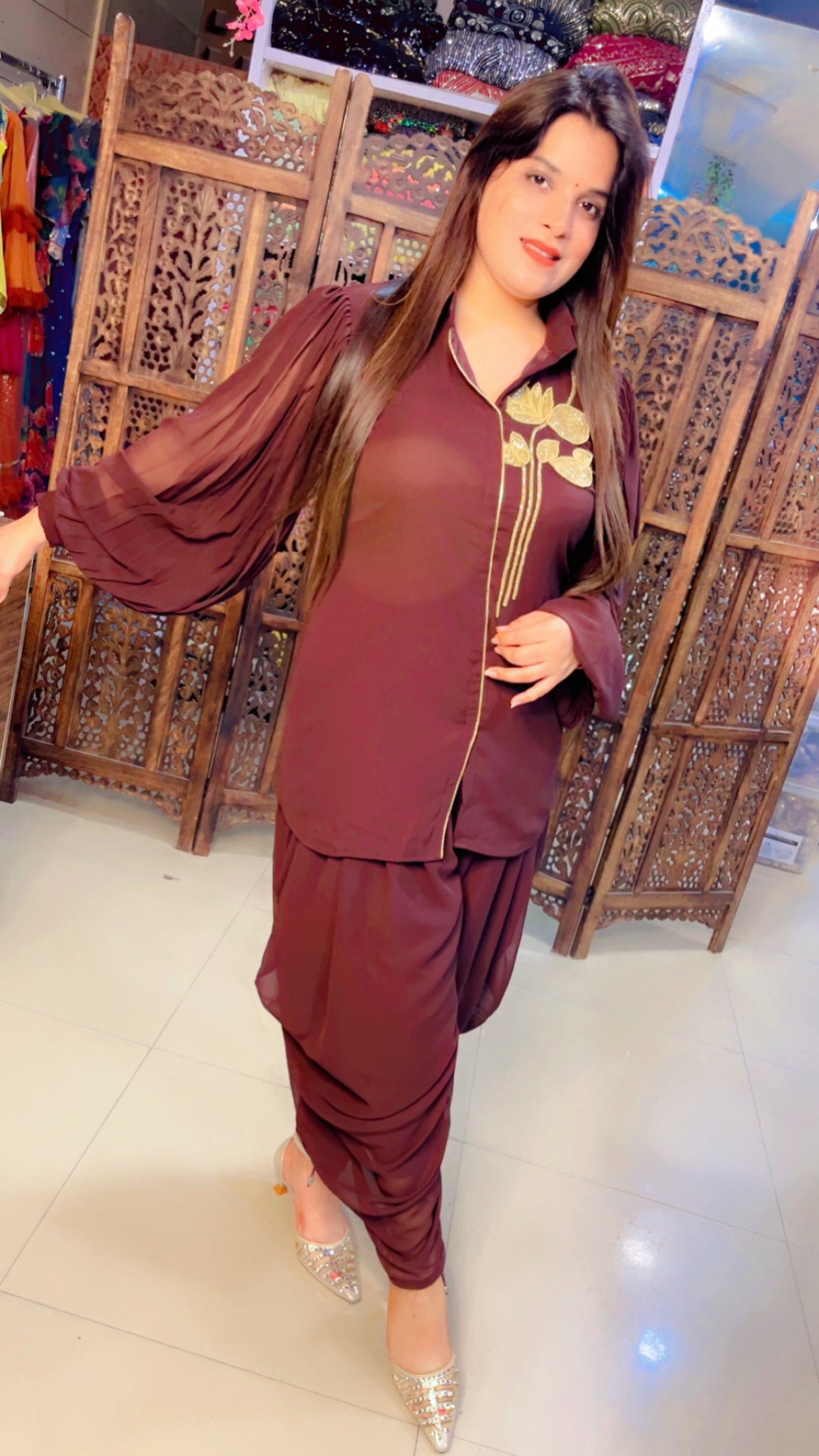 Brown Georgette Designer Hand Embroidered Short Kurta And Dhoti Salwar Set (DS)