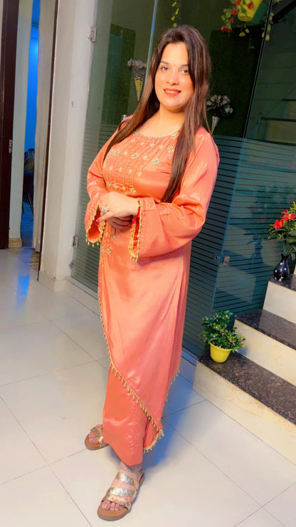Peach Pink Hand Embroidered Kurti Set (KS006)