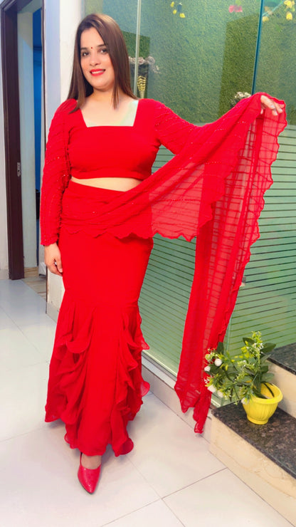 Red Embroidered Drape Saree (SR016)