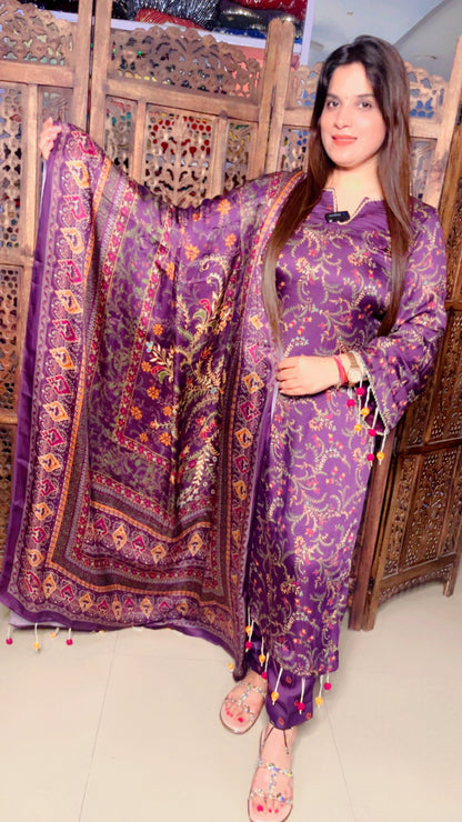 Purple Pure Satin Designer Lace Work And Tassel Detail Suit And Pant With Dupatta (PS)