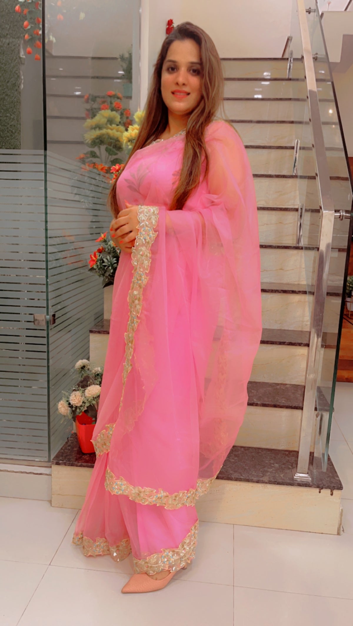 Light Pink Laceworked Saree For Summers (SR022)