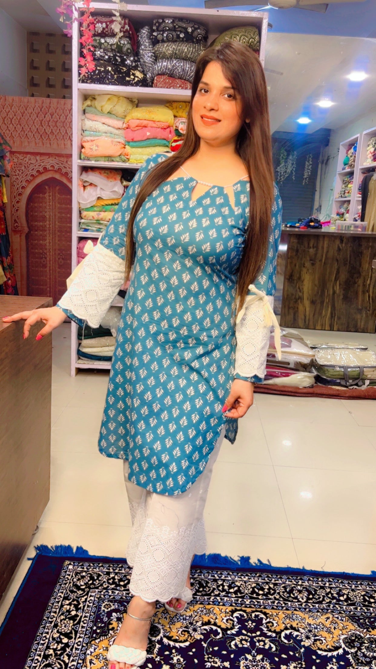 Blue And Off-White Cotton Printed Designer Kurti And Pant Set (KS003)