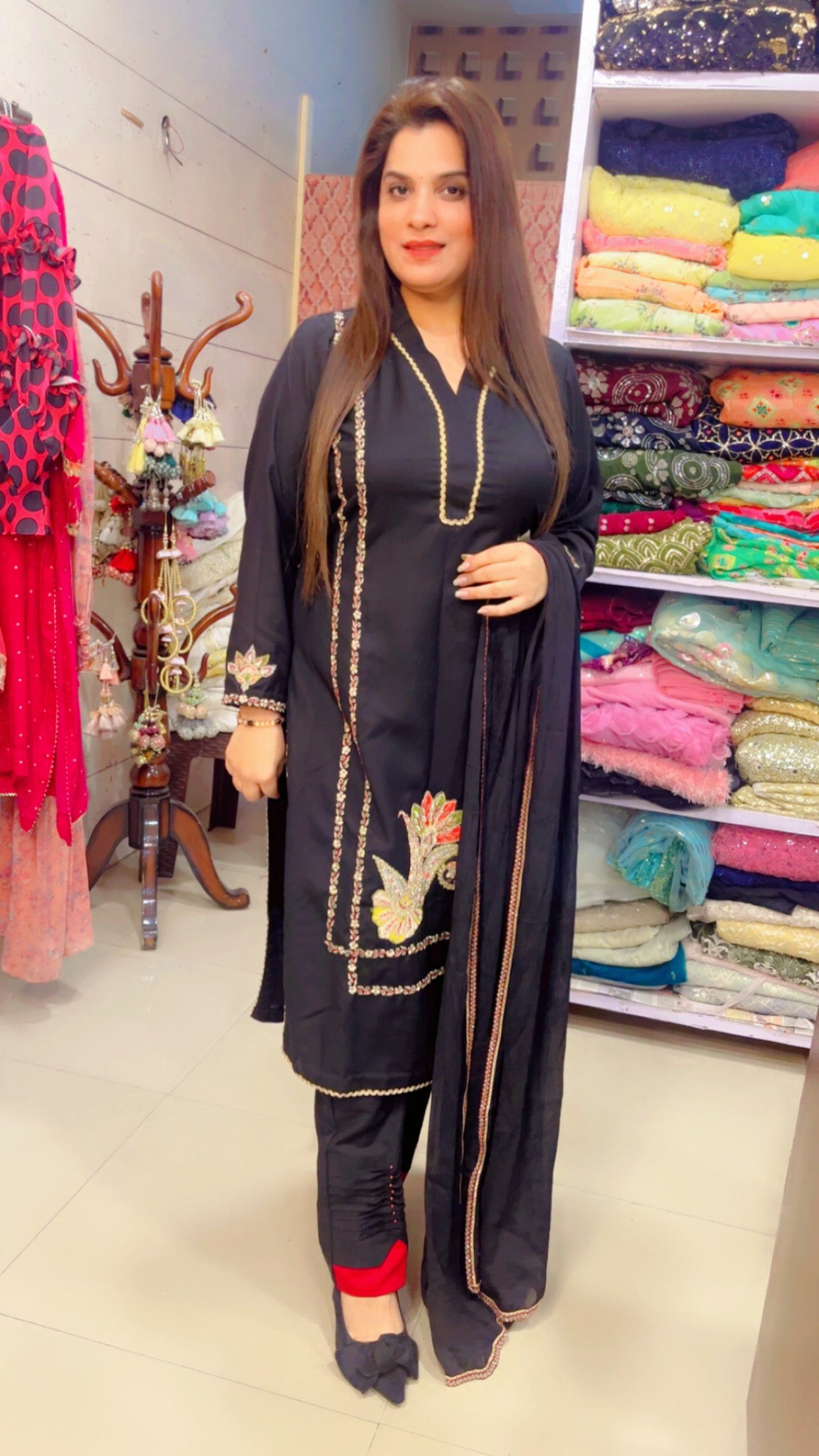Designer Black Embroidered Cotton Pant Suit With Chiffon Dupatta (PS002)