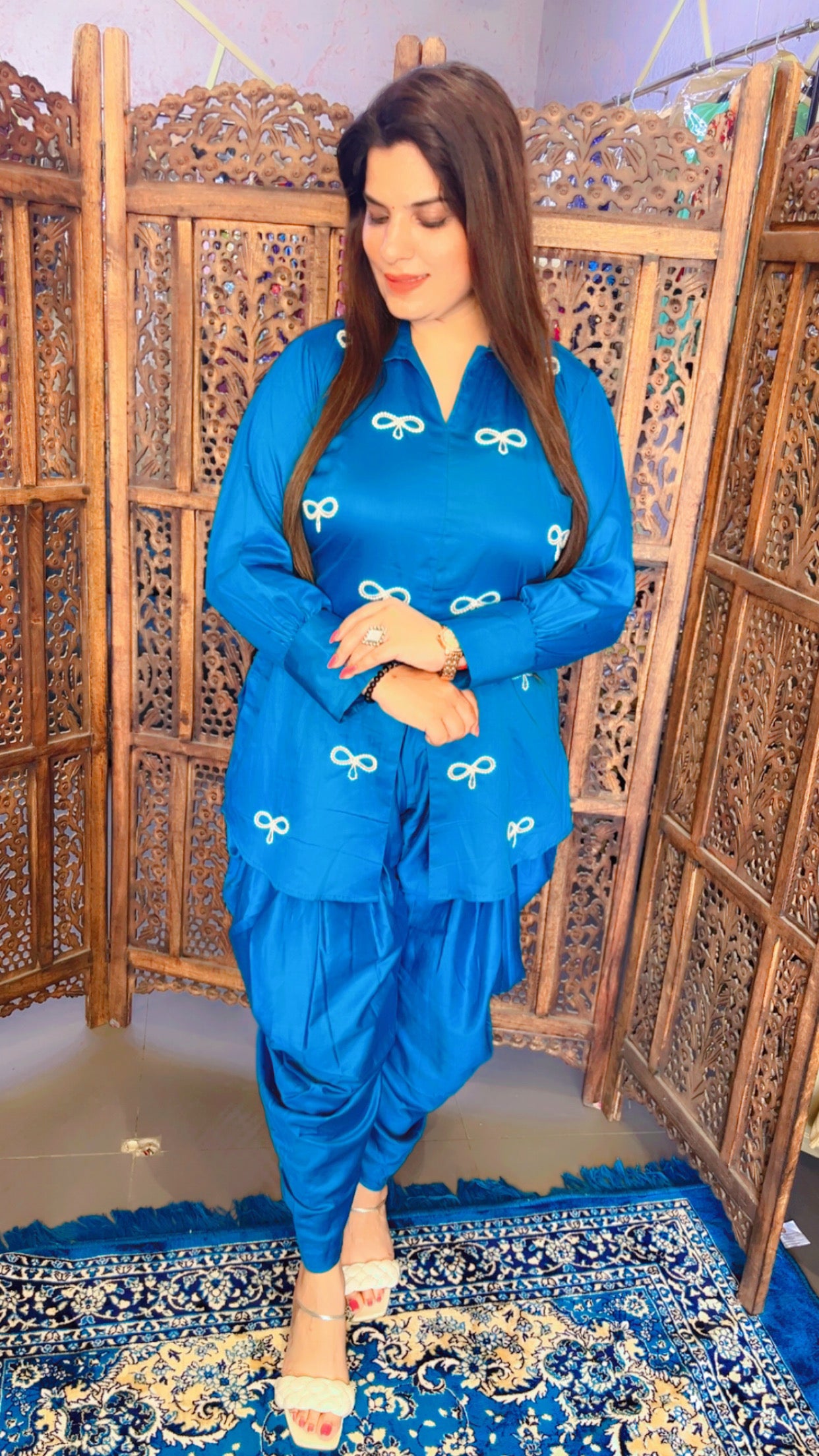 Blue Jam Cotton Trendy Bow Design Pearl Work Short Kurti And Dhoti Set (DS002)