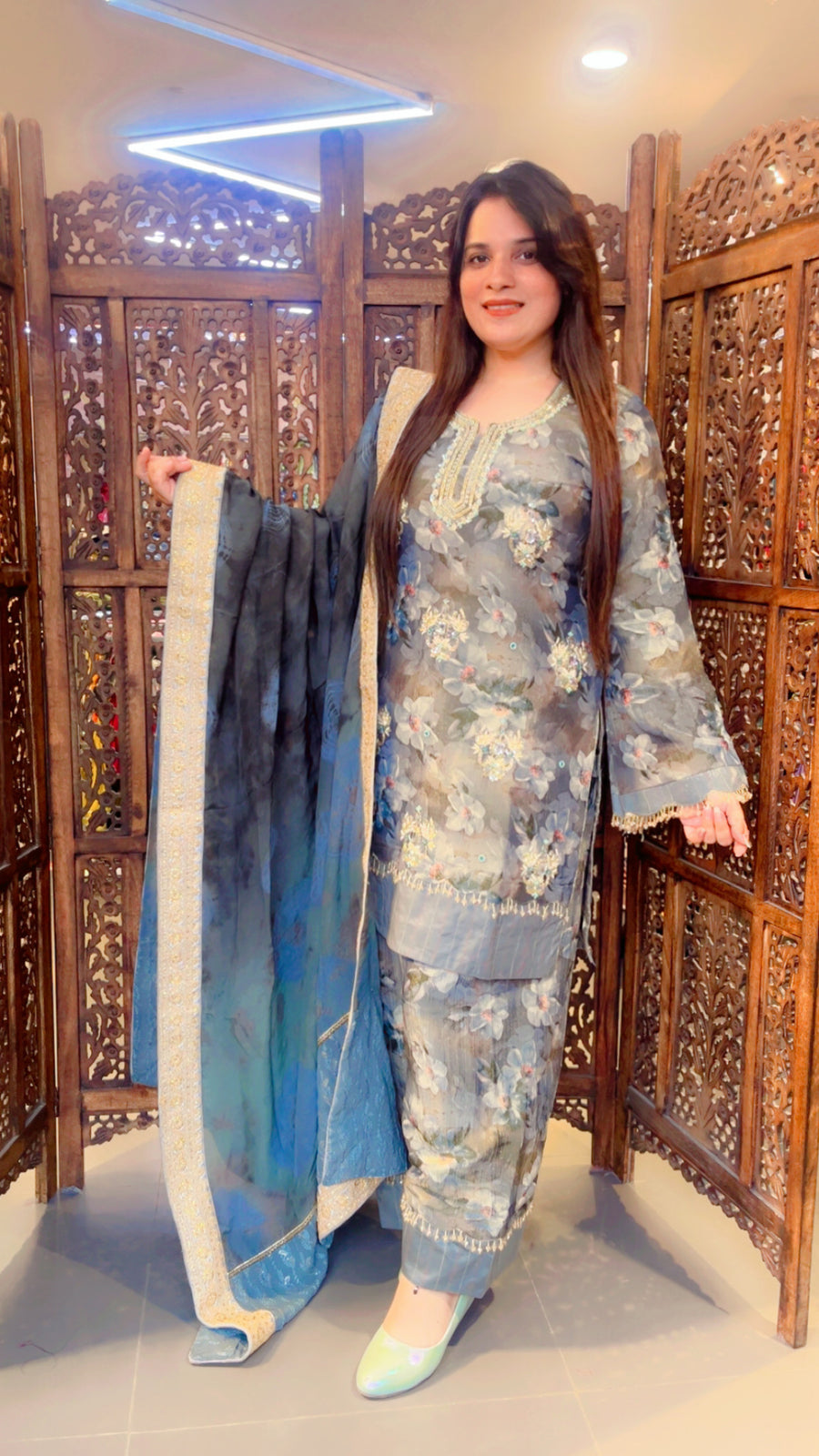 Grey Floral Ethnic Wear Salwar Suit With Dupatta