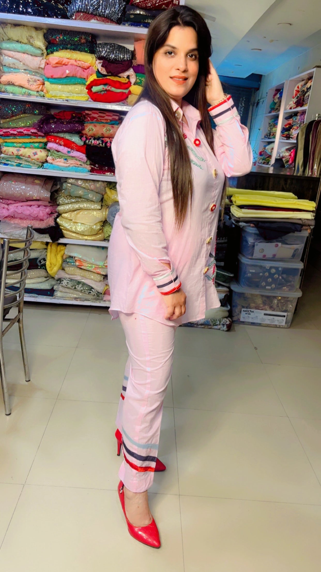 Light Pink Cotton Designer Hand Embroidered Causal Wear Co-Ord Set (CS)