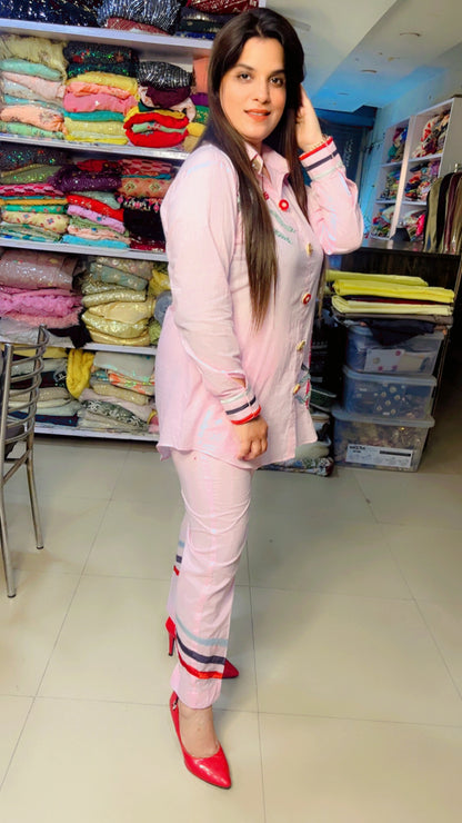 Light Pink Cotton Designer Hand Embroidered Causal Wear Co-Ord Set (CS)