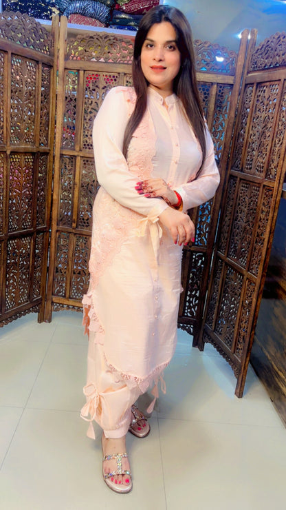 Peach Colour Cotton Fabric Hand And Pearl Work Detail Kurti Salwar Set (KS002)