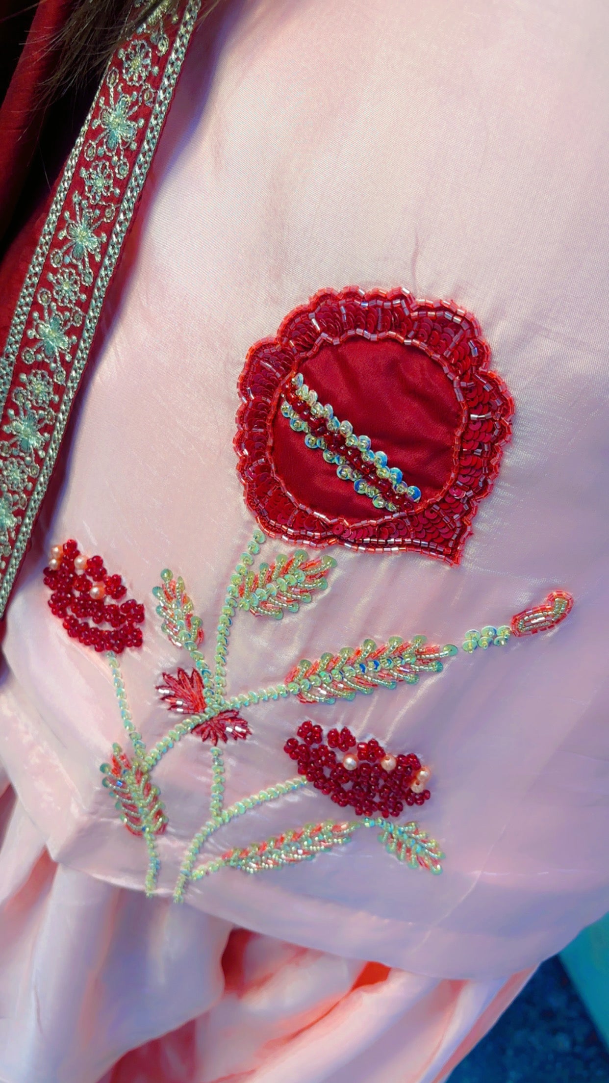 Peach Hand and Patch Worked Silk Farshi Salwar Suit with Dupatta
