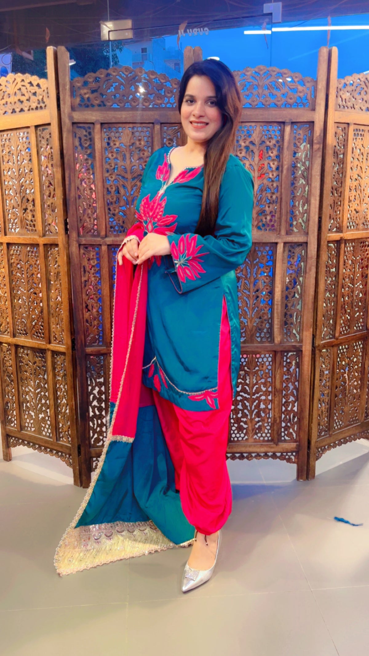 Green Machine Worked Farshi Salwar Suit And Dupatta