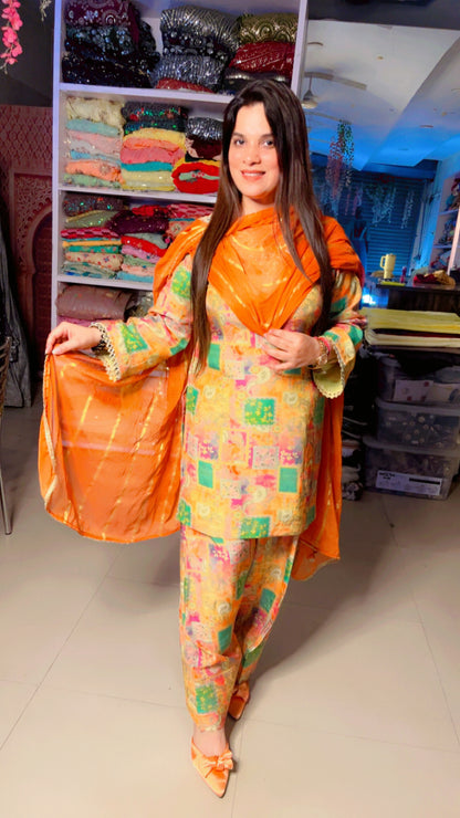 Yellow Muslin Designer Mirror Lace Work Farshi Salwar Suit With Chiffon Dupatta (FS)