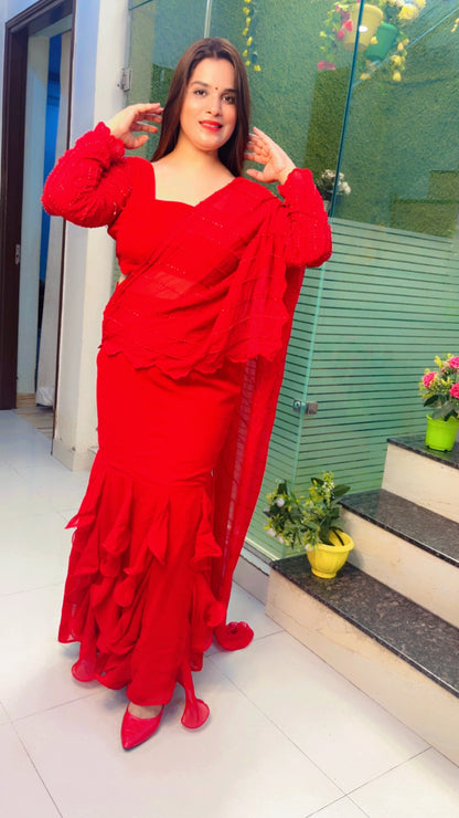 Red Embroidered Drape Saree (SR016)