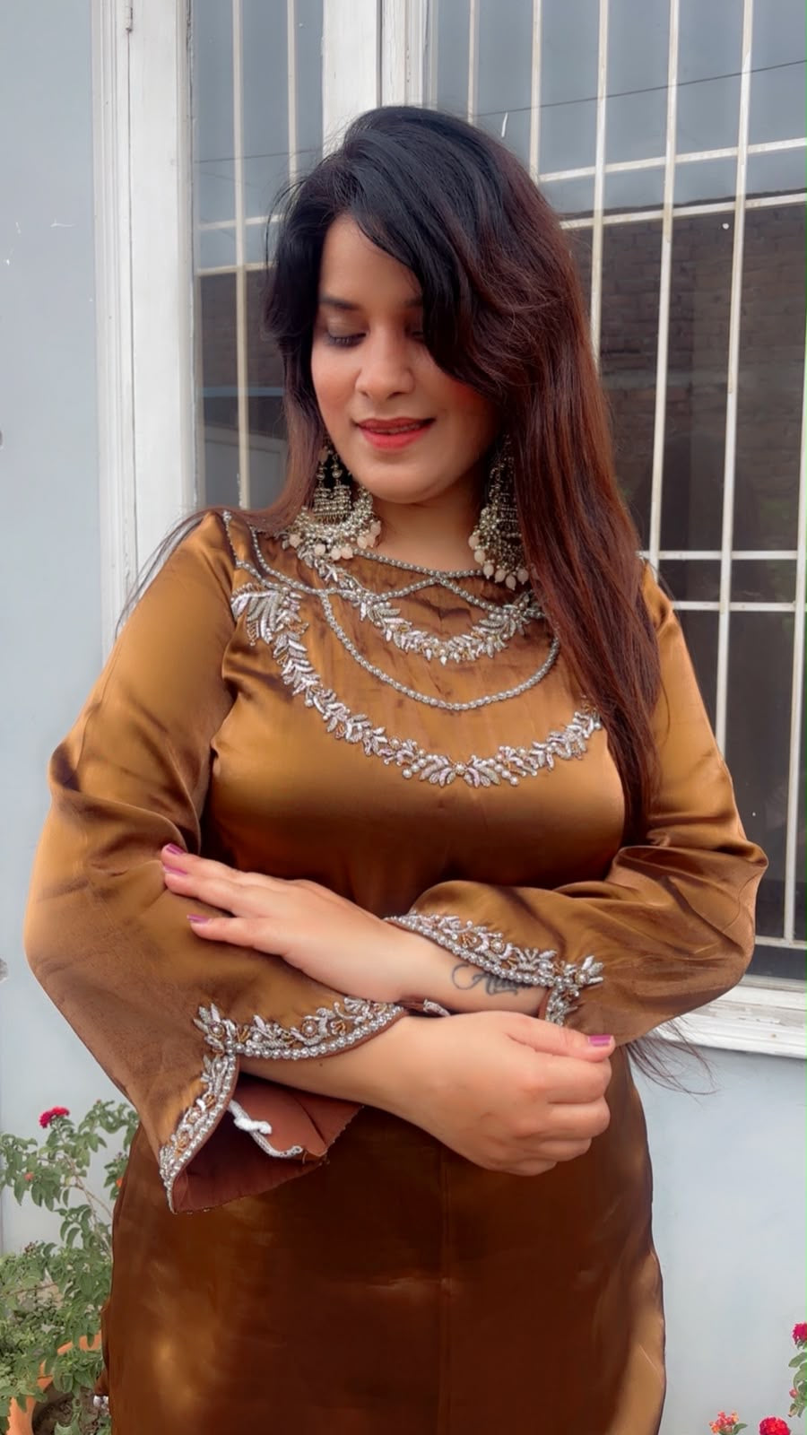 Designer Banana Palazzo And Kurti Set in Coffee