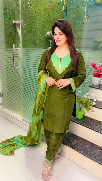 Green Silk Embroidered Salwar Suit With Dupatta (SS)