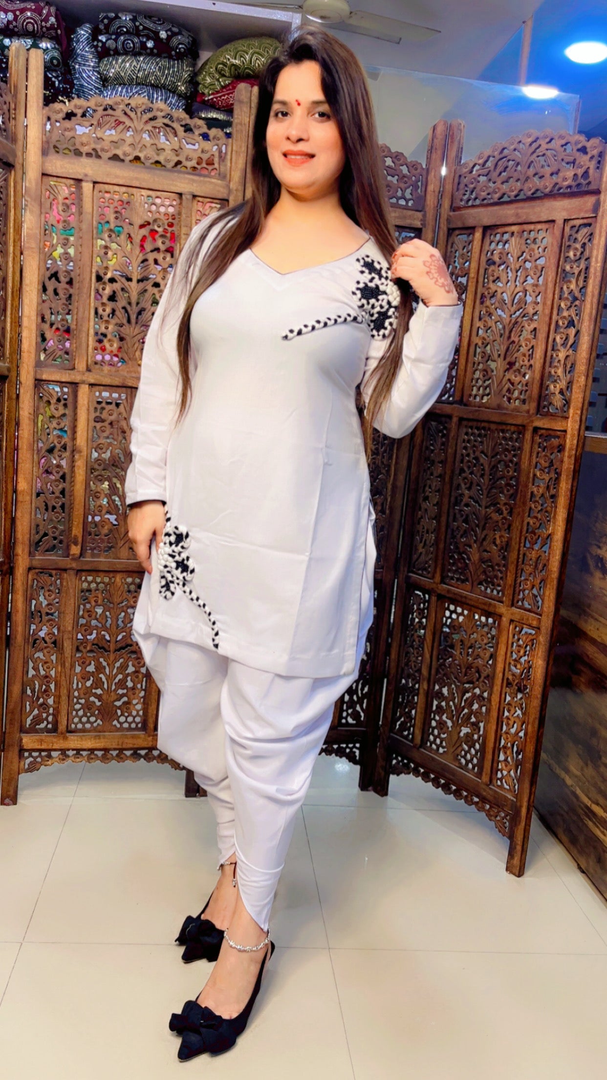 White Spun Fabric Woollen Embroidered Short Kurti And Side Fall Dhoti Set (DS001)