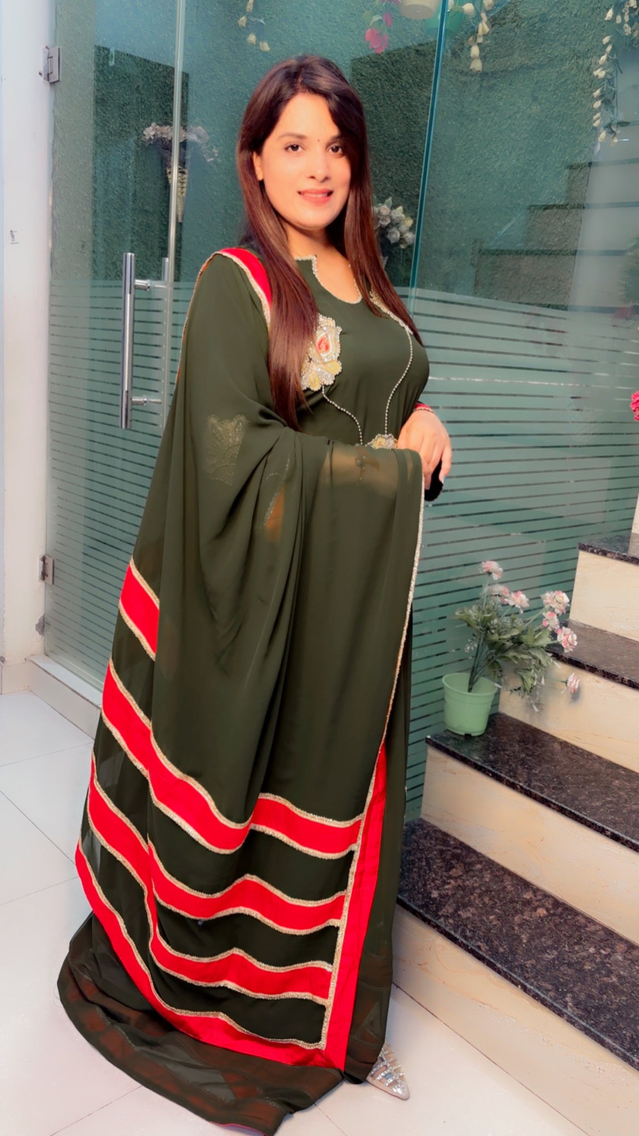 Georgette Cut Work Palazzo Suit With Red Stripes Dupatta (PS)