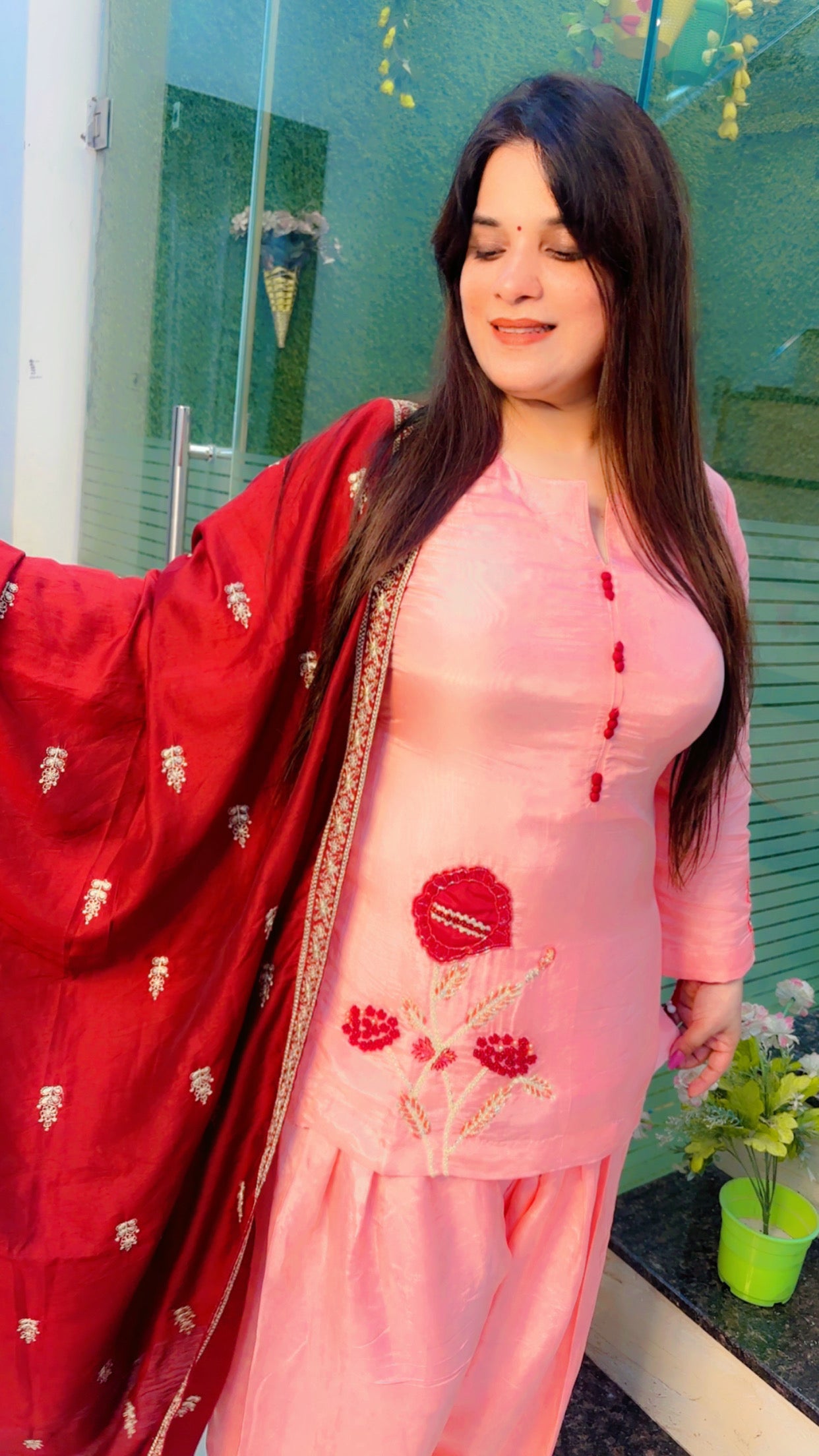 Peach Hand and Patch Worked Silk Farshi Salwar Suit with Dupatta