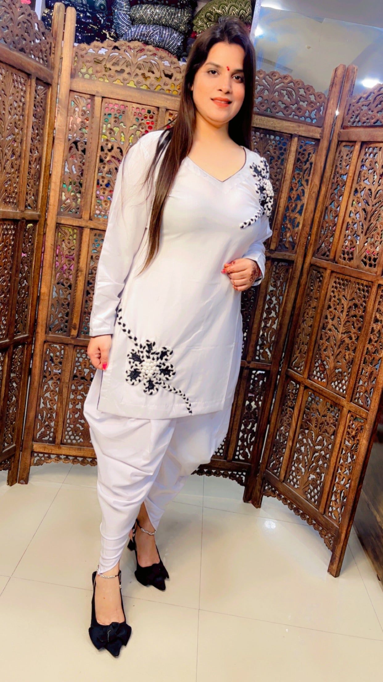 White Spun Fabric Woollen Embroidered Short Kurti And Side Fall Dhoti Set (DS001)