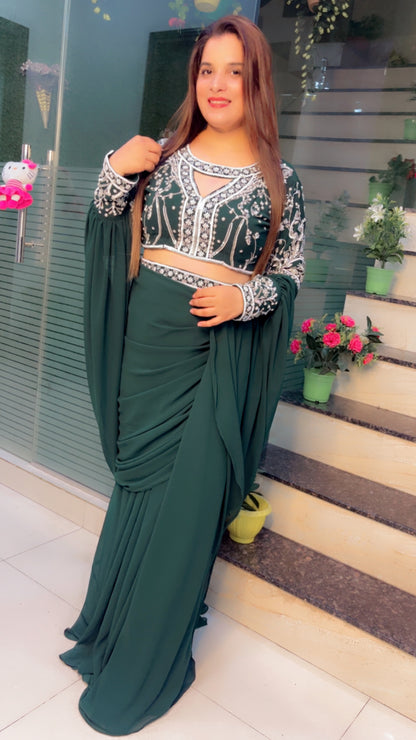 Bottle Green Wedding Wear Drape Dress (DD001)