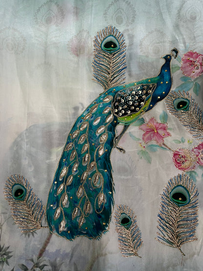Peacock Print Unstitched Suit Material with Dupatta
