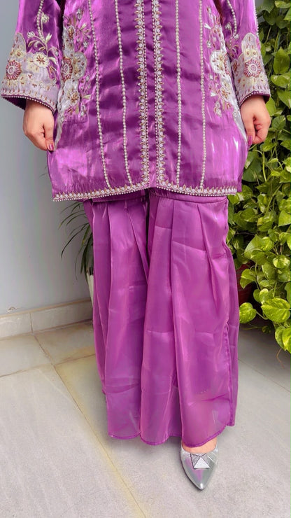 Purple Embroidered Top And Sharara Co-Ord Set