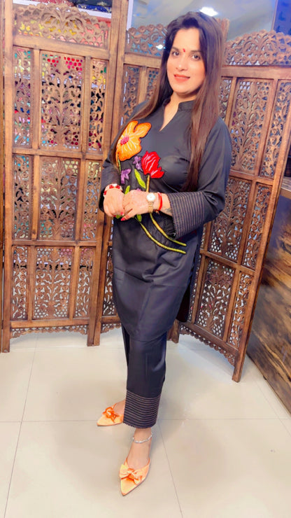 Embroidered Black Cotton Patch Work Co-Ord Set (KS027)