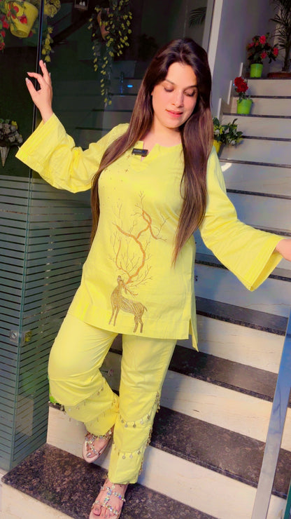 Light Yellow Cotton Embroidered Co-Ord Set (CS)