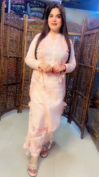 Peach Colour Cotton Fabric Hand And Pearl Work Detail Kurti Salwar Set (KS002)