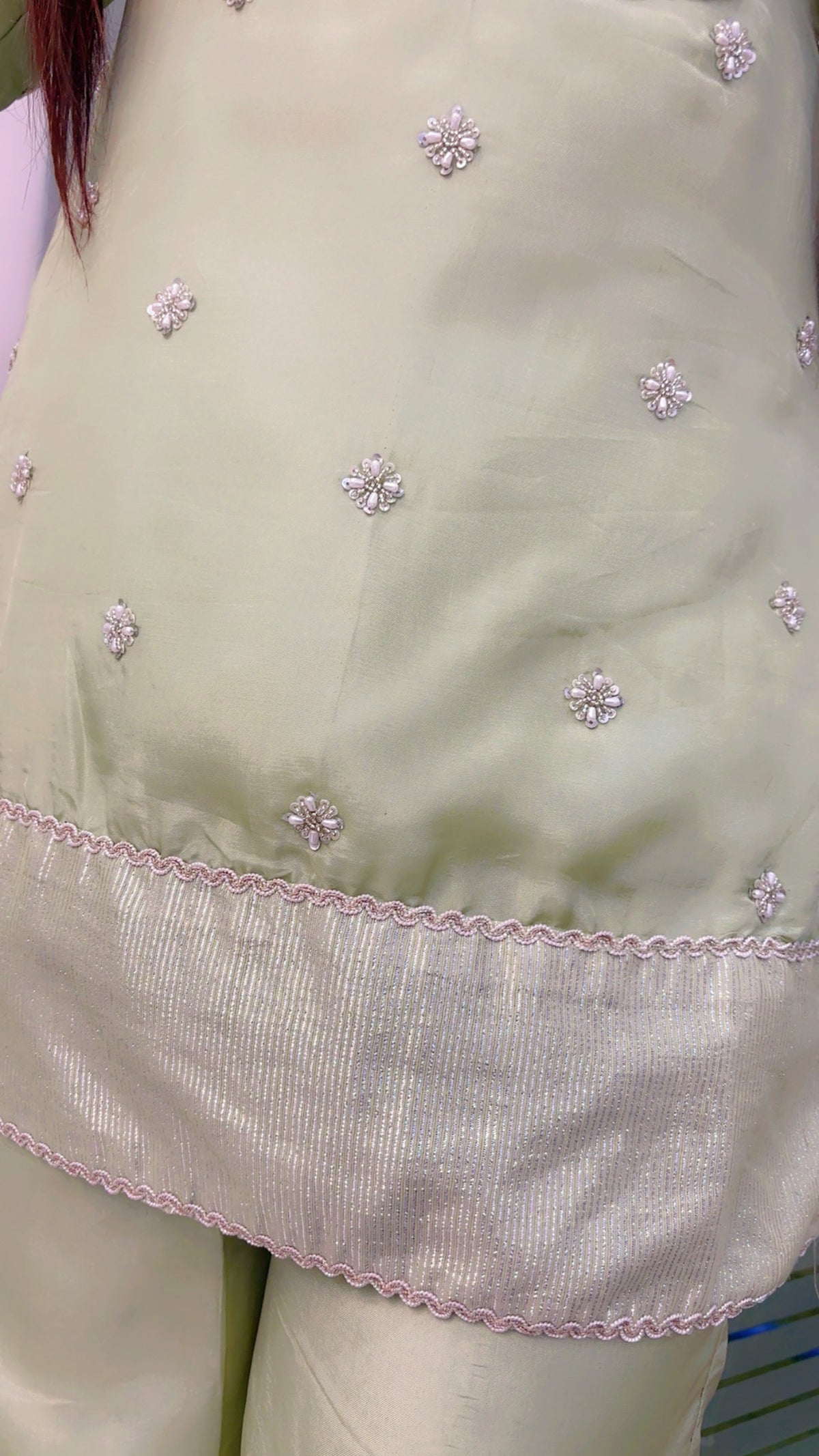 Green Embroidered Silk Bell Bottom And Suit Set