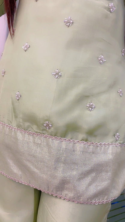 Green Embroidered Silk Bell Bottom And Suit Set