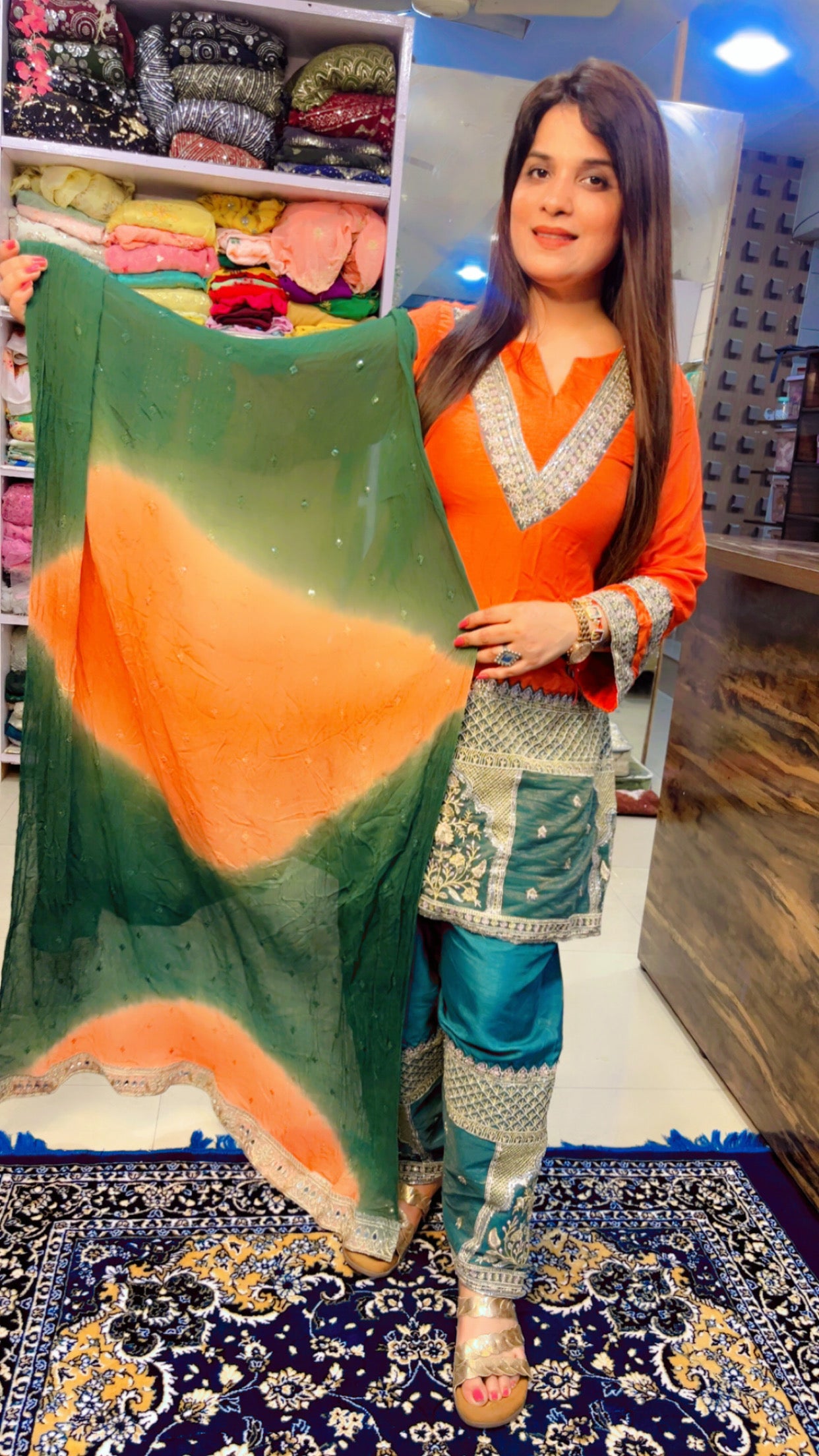 Orange And Green Designer Partywear Suit (SS001)