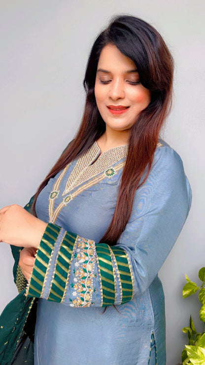 Grey Designer Farshi Salwar Suit And Dupatta