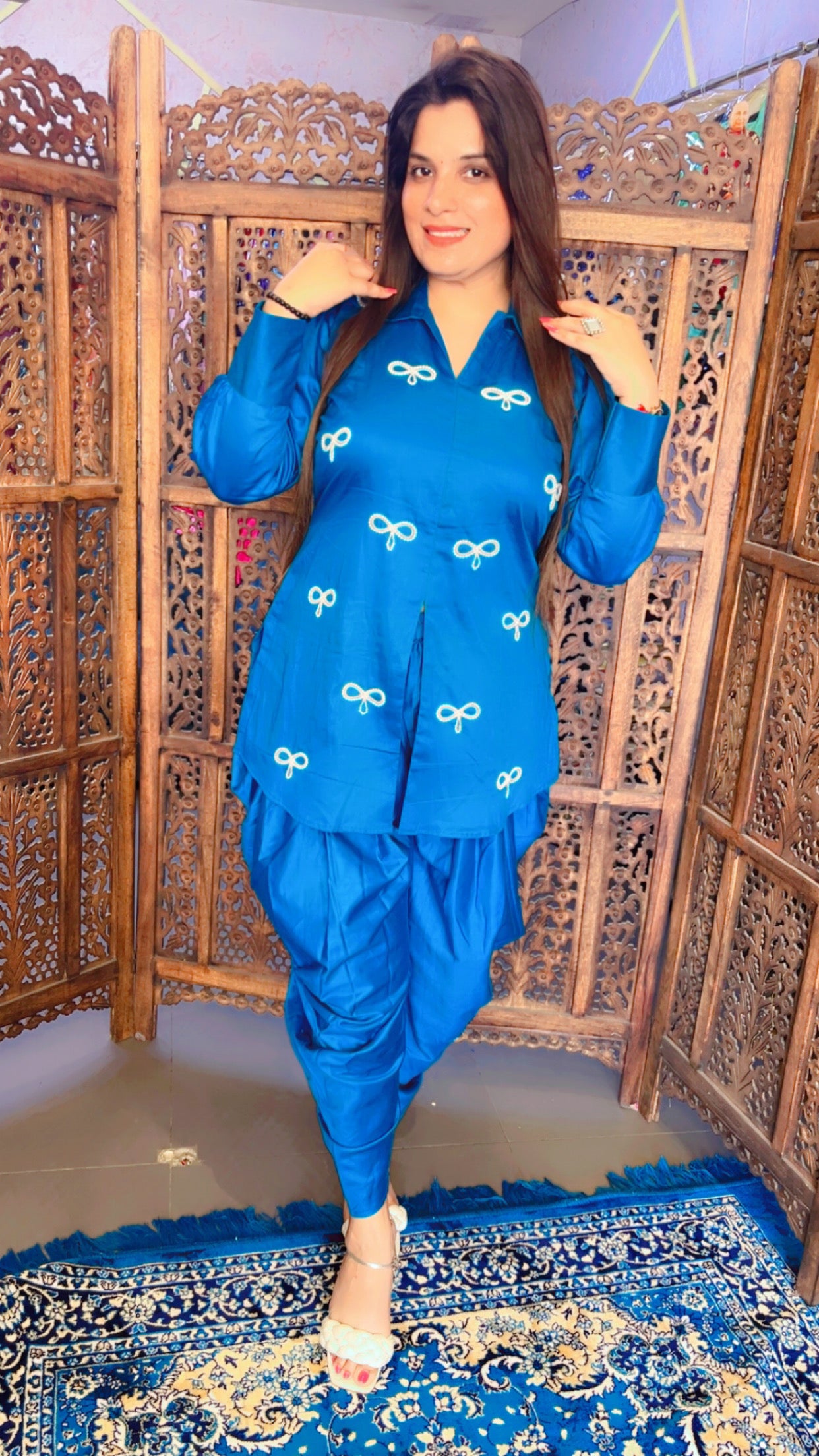 Blue Jam Cotton Trendy Bow Design Pearl Work Short Kurti And Dhoti Set (DS002)