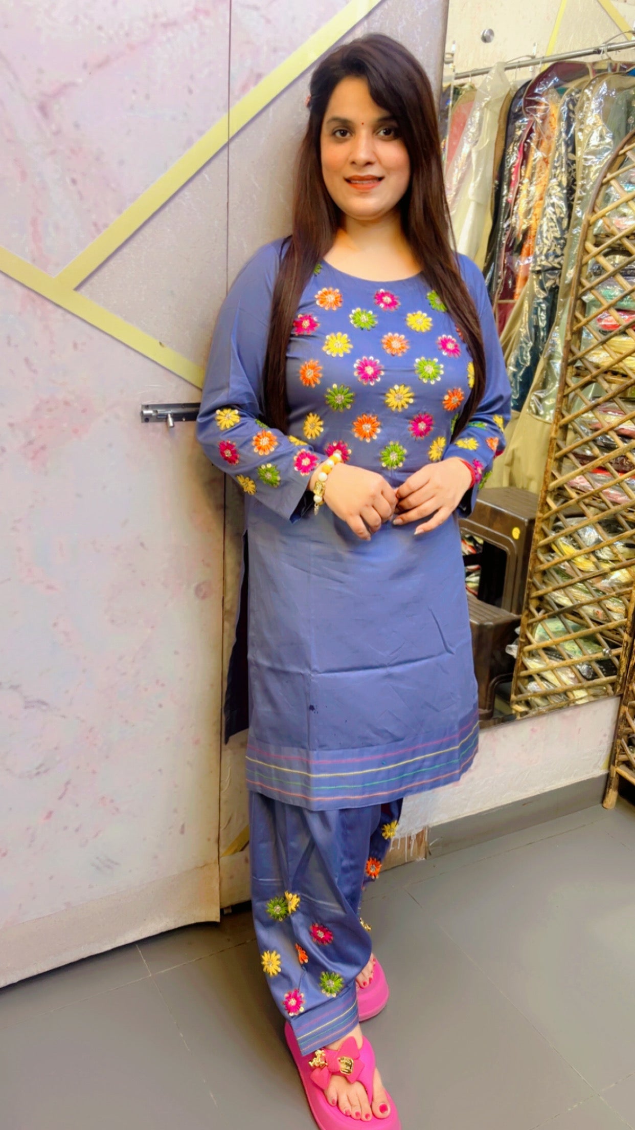 Grey Cotton Designer Hand Embroidered Co-Ord Set For Women (CS)