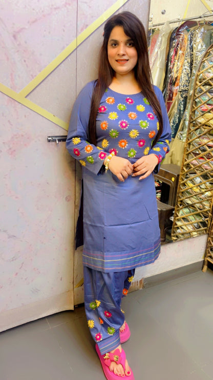Grey Cotton Designer Hand Embroidered Co-Ord Set For Women (CS)