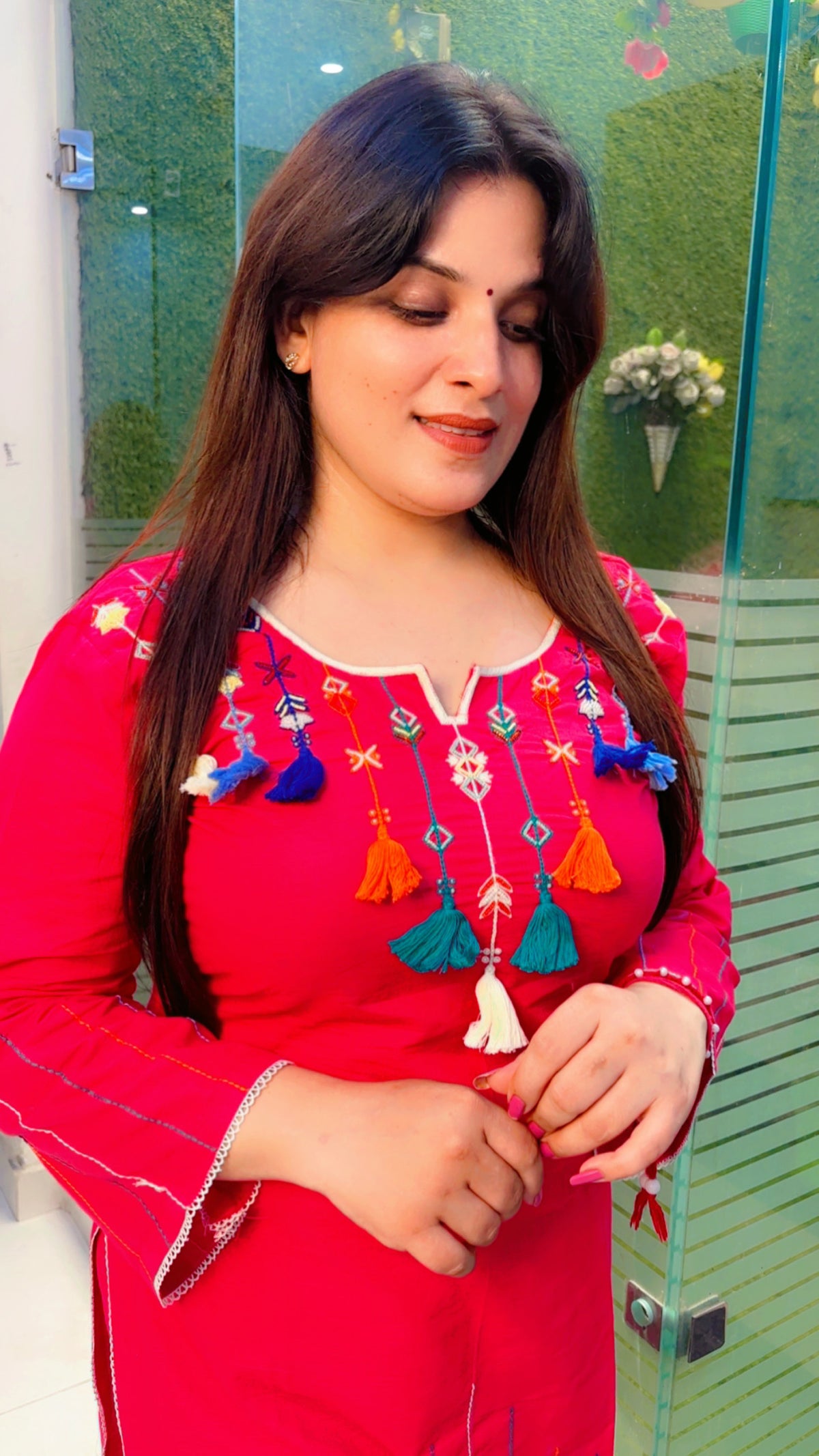 Pink Thread Worked Kurti With Tassels And Matching Pant (KS074)