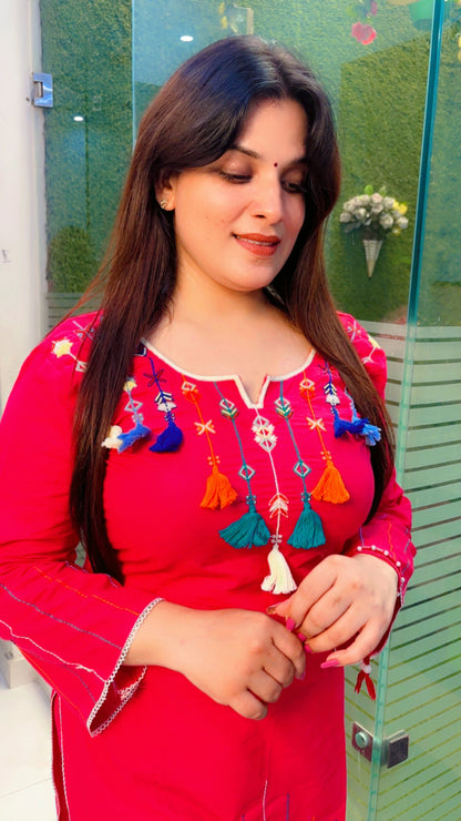 Pink Thread Worked Kurti With Tassels And Matching Pant (KS074)