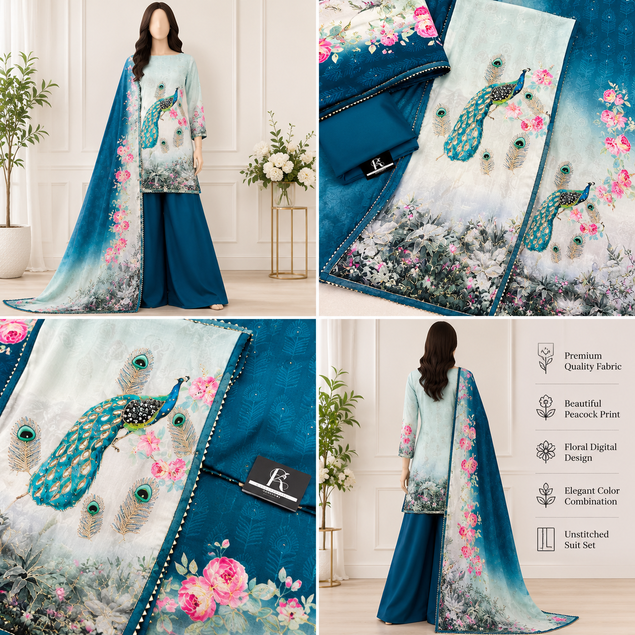 Peacock Print Unstitched Suit Material with Dupatta