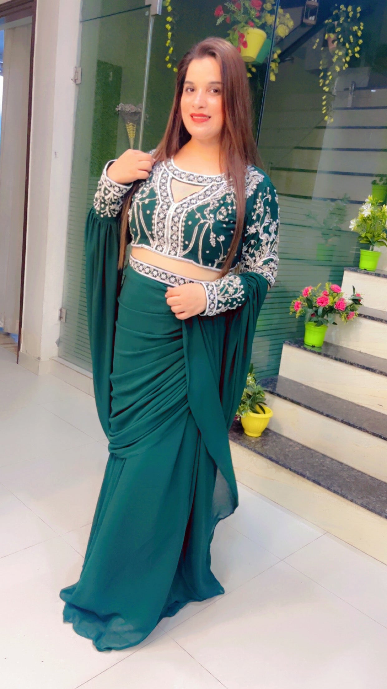 Bottle Green Wedding Wear Drape Dress (DD001)