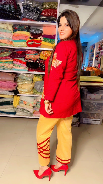 Red Yellow Cotton Embroidered Summer Co-Ord Set For Women (CS)
