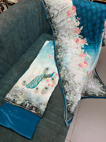 Peacock Print Unstitched Suit Material with Dupatta