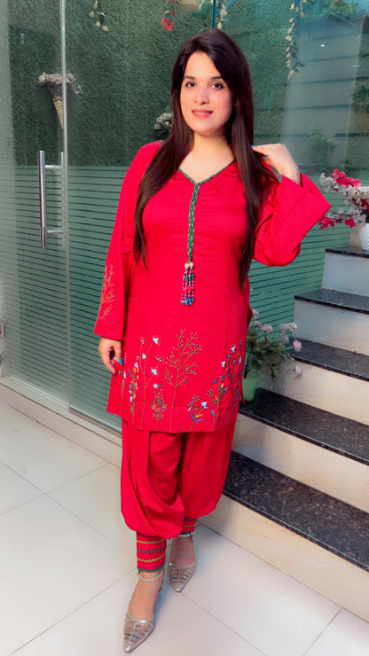 Pink Cotton Thread Embroidered Co-Ord Set For Women (CS)