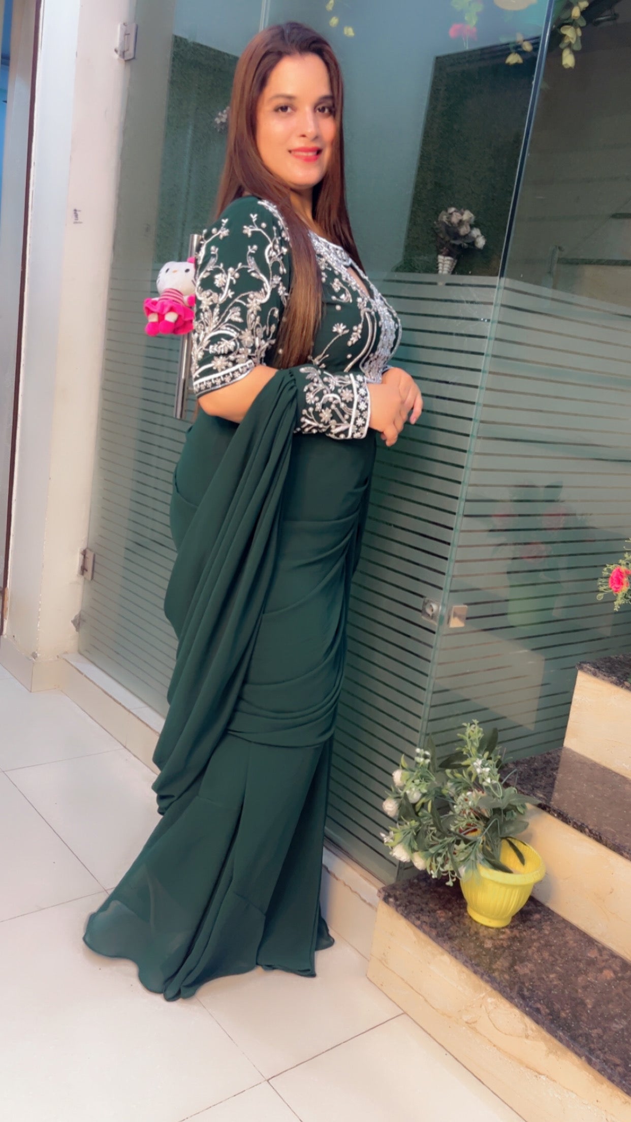 Bottle Green Wedding Wear Drape Dress (DD001)